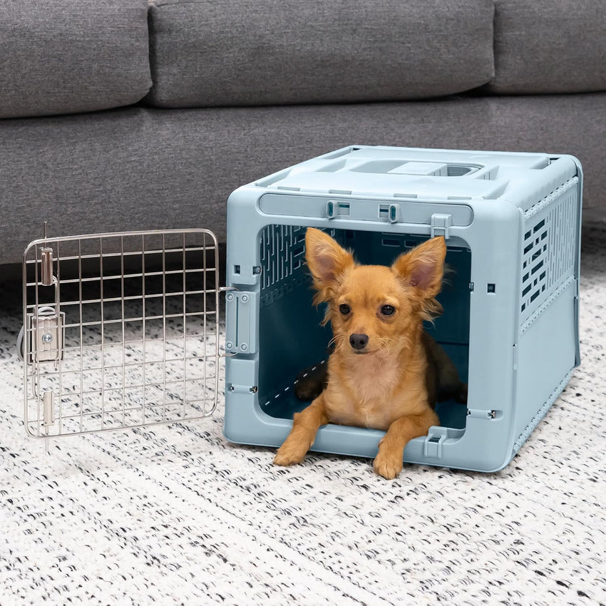 SportPet Designs Plastic Kennels Rolling Plastic Airline Approved Wire Door Travel Dog Crate. XXX-Large. Gray