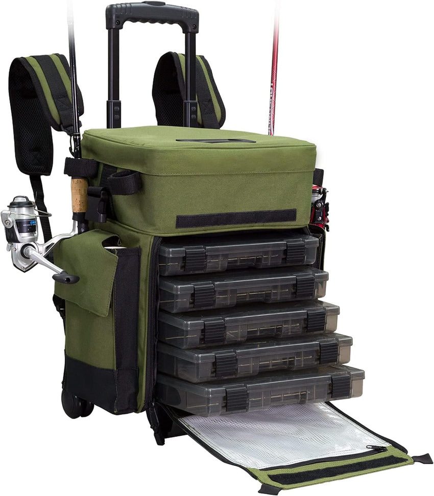 Elkton Outdoors Rolling Tackle Box with Wheels - Waterproof Rolling Fishing Backpack. 5 Removable Tackle Trays. 4 Rod Holders. Fishing Gifts for Men. Fish Tackle Bag. Roller Tackle Box