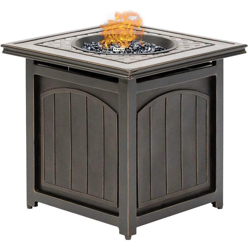 5-Piece Steel Patio Fire Pit Conversation Set with Navy Blue Cushions. Swivel Gliders and Square Fire Pit Table