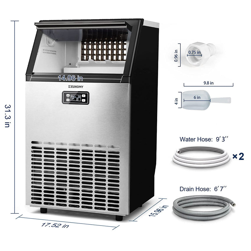 Euhomy Commercial Ice Machine. 2 Way Water Supply 100lbs/24H Stainless Steel Under Counter ice Machine with 33lbs Capacity