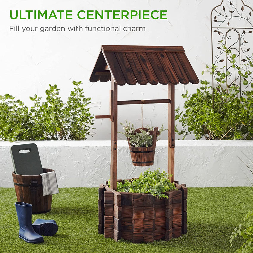 Best Choice Products Rustic Wooden Wishing Well Planter Outdoor Home Décor for Patio. Garden. Yard w/Hanging Bucket