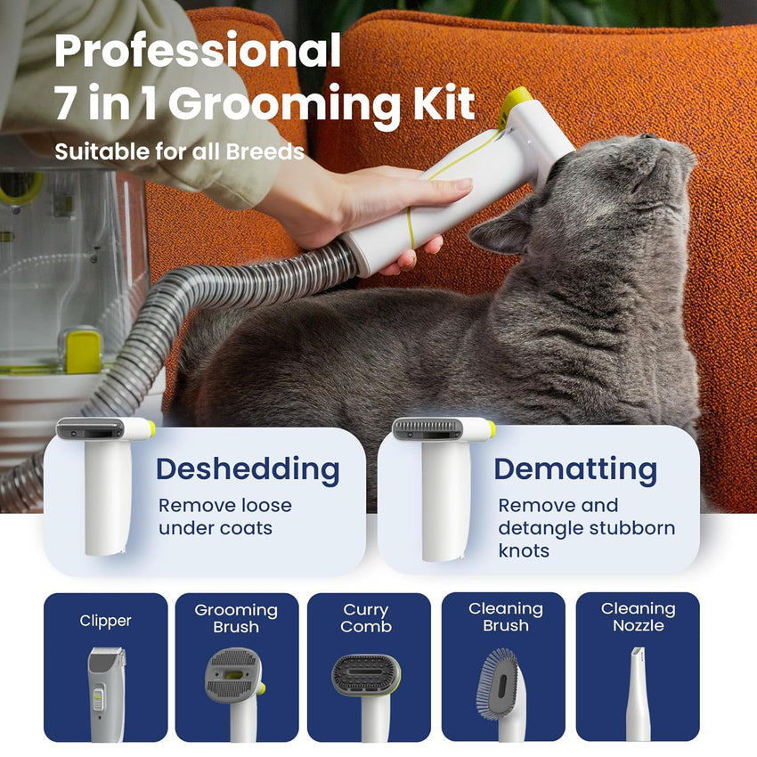 Professional Pet Grooming Vacuum Kit. Dogs & Cats. Direct Handheld Control. 7 Grooming Tools. 6 Suction Levels. Large 2.2L Dust Bin. UL. HEPA Filter