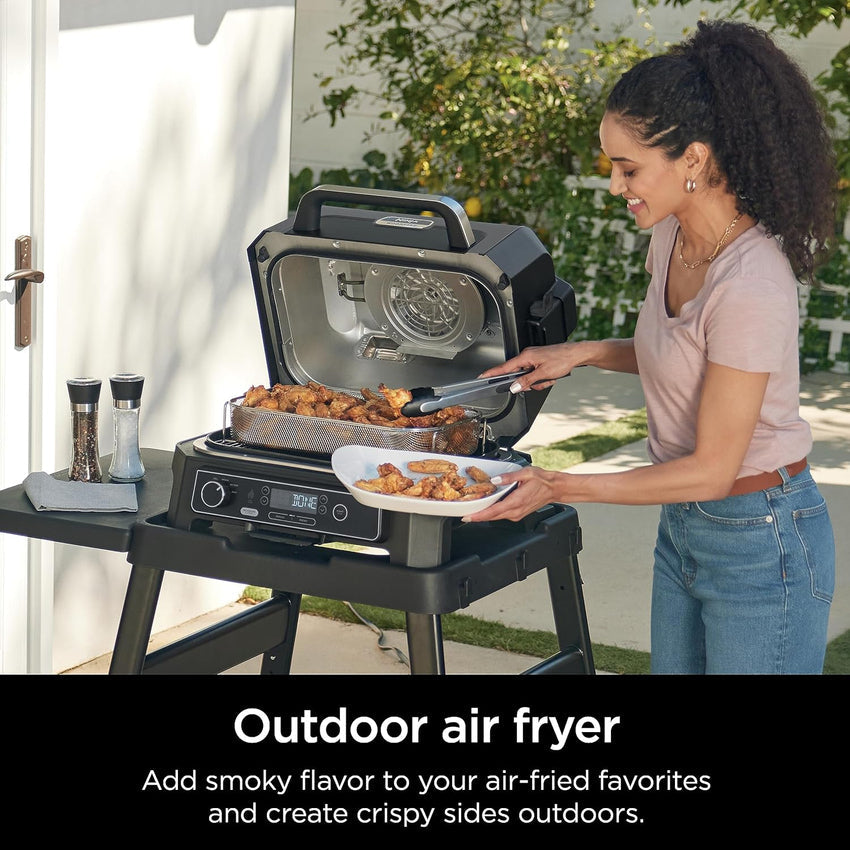 7-in-1 Grill & Smoker with Thermometer. Air Fryer. BBQ. Bake. Roast. Broil - Portable Electric Outdoor Grill. Grey