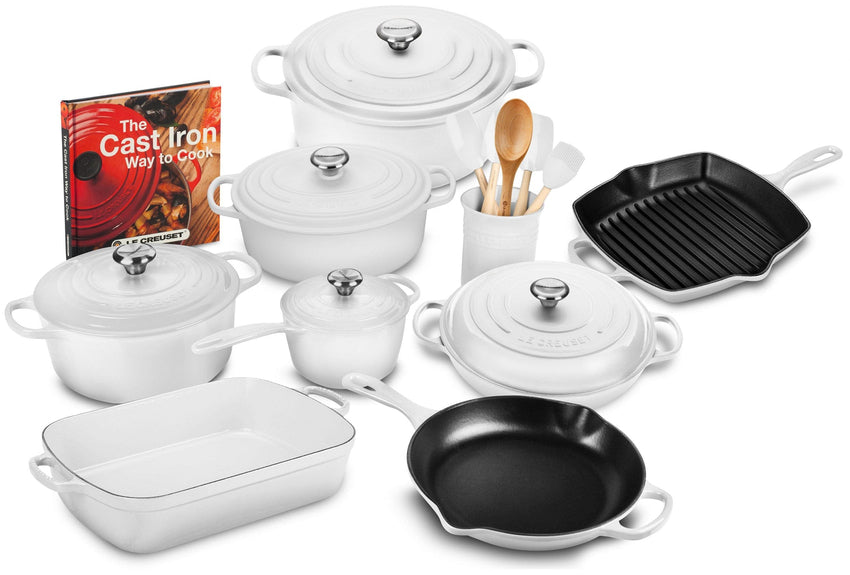 20-piece Signature Cast Iron Cookware Set.10.25′′ Skillet.1.75-quart Saucepan with Lid
