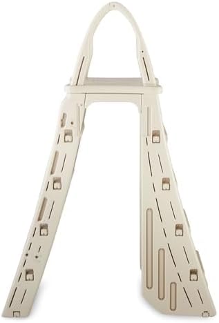 Confer Plastics 7200 Roll Guard 48 to 56 Adjustable A Frame Safety Ladder For Above Ground Outdoor Patio Swimming Pool Platform Ladder with Step Barrier. Warm Grey