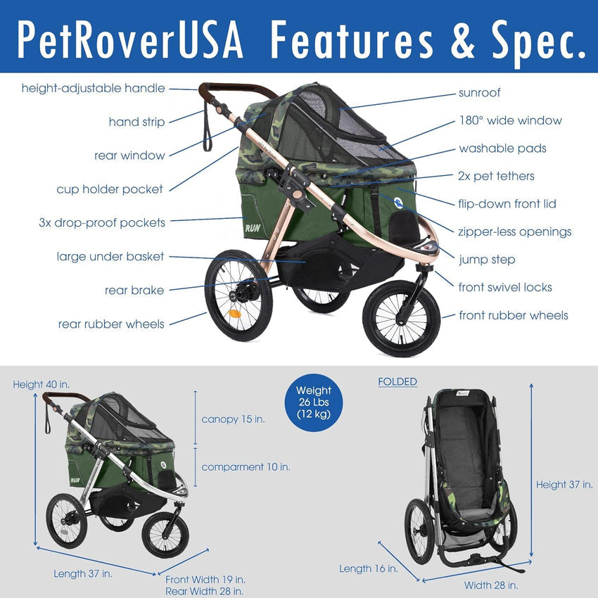 Jogging Sports Stroller with Comfort Rubber Wheels/Zipper-Less Entry/1-Hand Quick Fold/Aluminum Frame for Small/Medium Dogs. Cats and Pets (Green Camo)