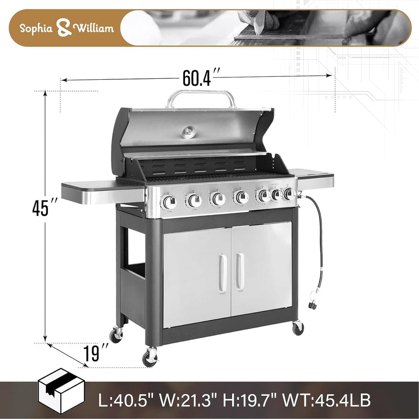 Burner Gas grill with side burner and enameled cast iron grille 42.000BTU outdoor cooking stainless steel propane grill Garden grill. silver