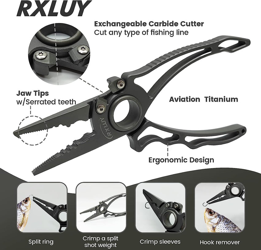 RXLUY Titanium Fishing Pliers. Premium Saltwater Fishing Gear. Tungsten Cutters. Split Ring Hook Remover. Knot Tying Tool with Lanyard. Ice Fishing. Sea Fishing Kit Gifts for Men