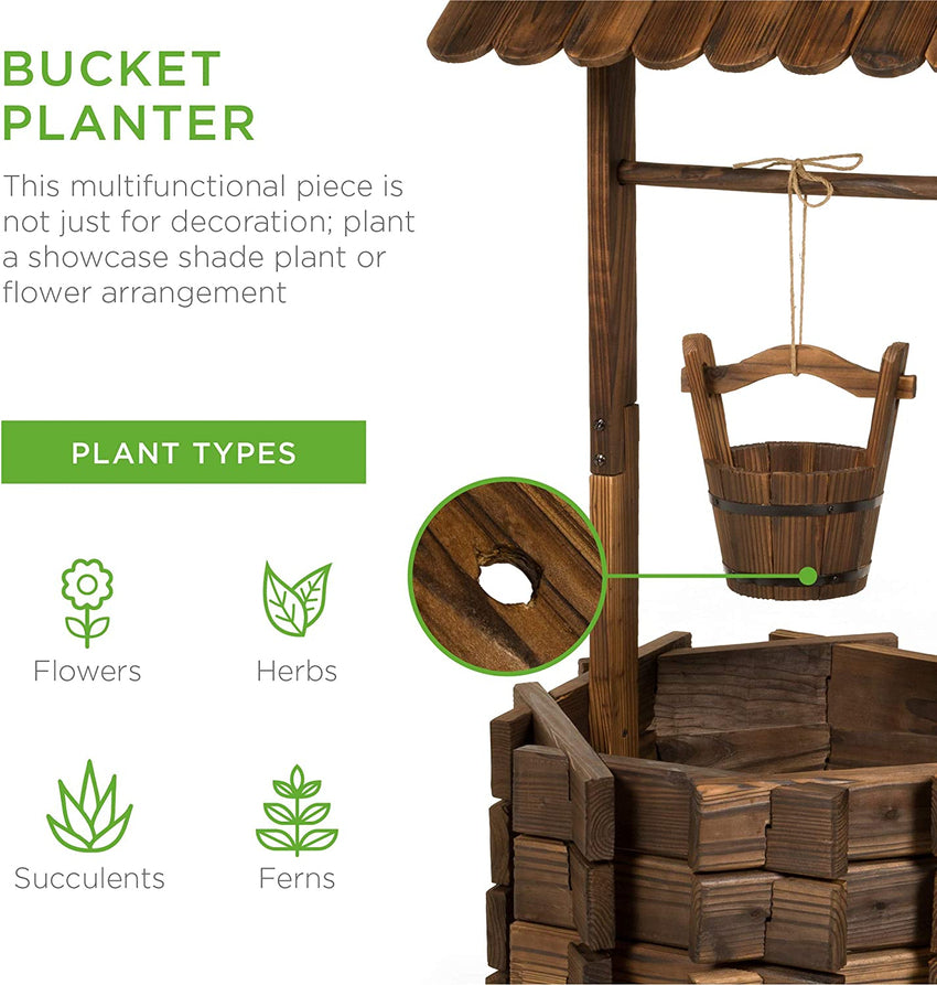 Best Choice Products Rustic Wooden Wishing Well Planter Outdoor Home Décor for Patio. Garden. Yard w/Hanging Bucket
