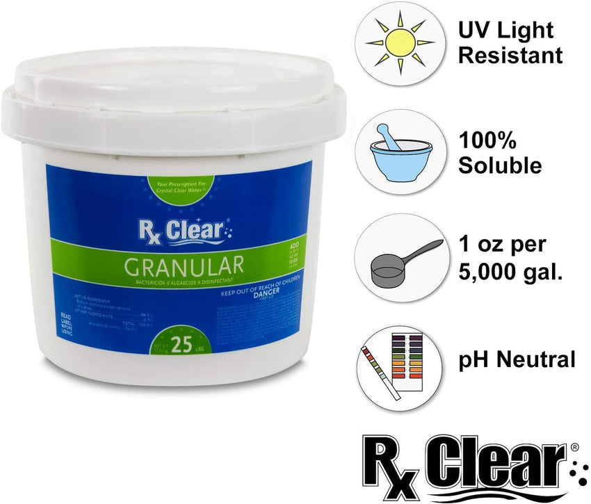 Clear Stabilized Granular Chlorine | One 50-Pound Bucket | Use As Bactericide. Algaecide. and Disinfectant in Swimming Pools and Spas | Fast Dissolving and UV Protected
