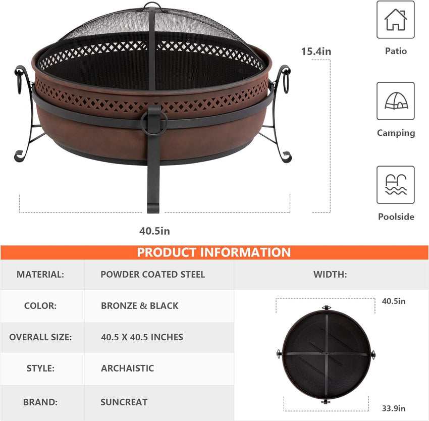 SUNCREAT 42 Patio Fire Pit Wood Burning with Mesh Spark Screen. Bonfire Outdoor firepit with Fireplace Poker. Black