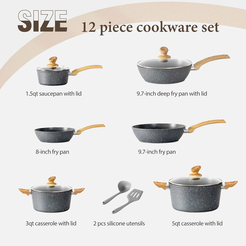 Kitchen Academy Induction Cookware Sets - 12 Piece Green Cooking Pan Set. Granite Nonstick Pots and Pans Set