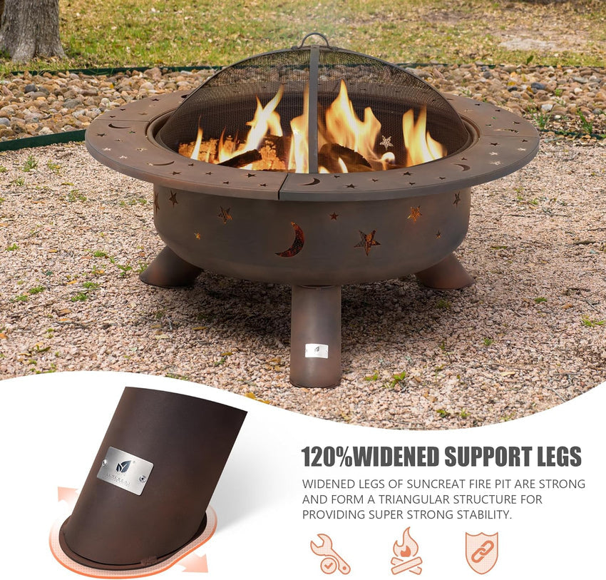 SUNCREAT 42 Patio Fire Pit Wood Burning with Mesh Spark Screen. Bonfire Outdoor firepit with Fireplace Poker. Black
