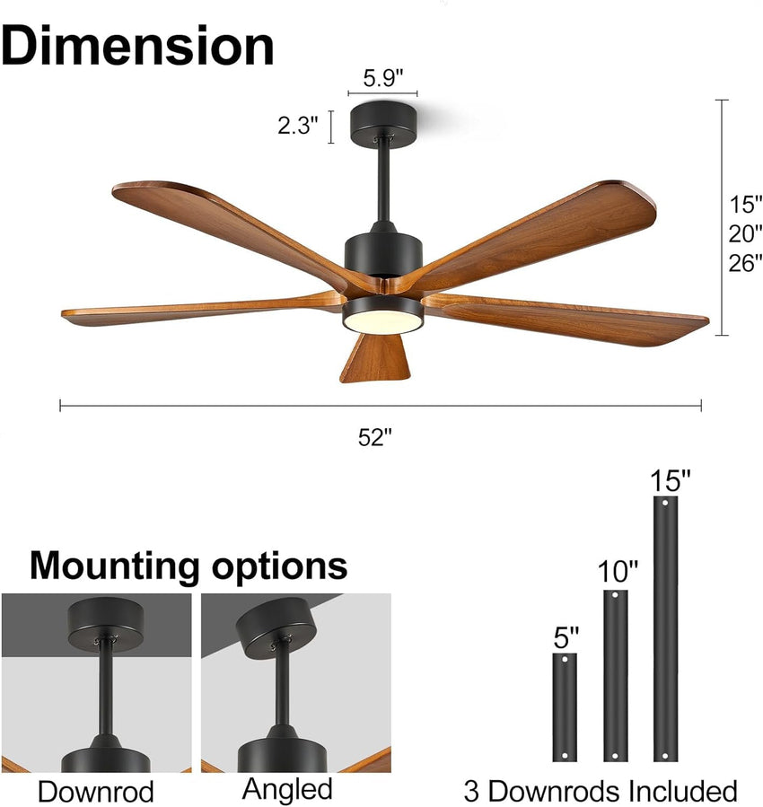 Ceiling Fans with Lights. 60 inch Outdoor Ceiling Fans with Lights for Patio and Remote Control. Modern Ceiling Fan with Light. 5 Solid Wood Blades 6-Speed Reversible DC Motor (Dark Brown)