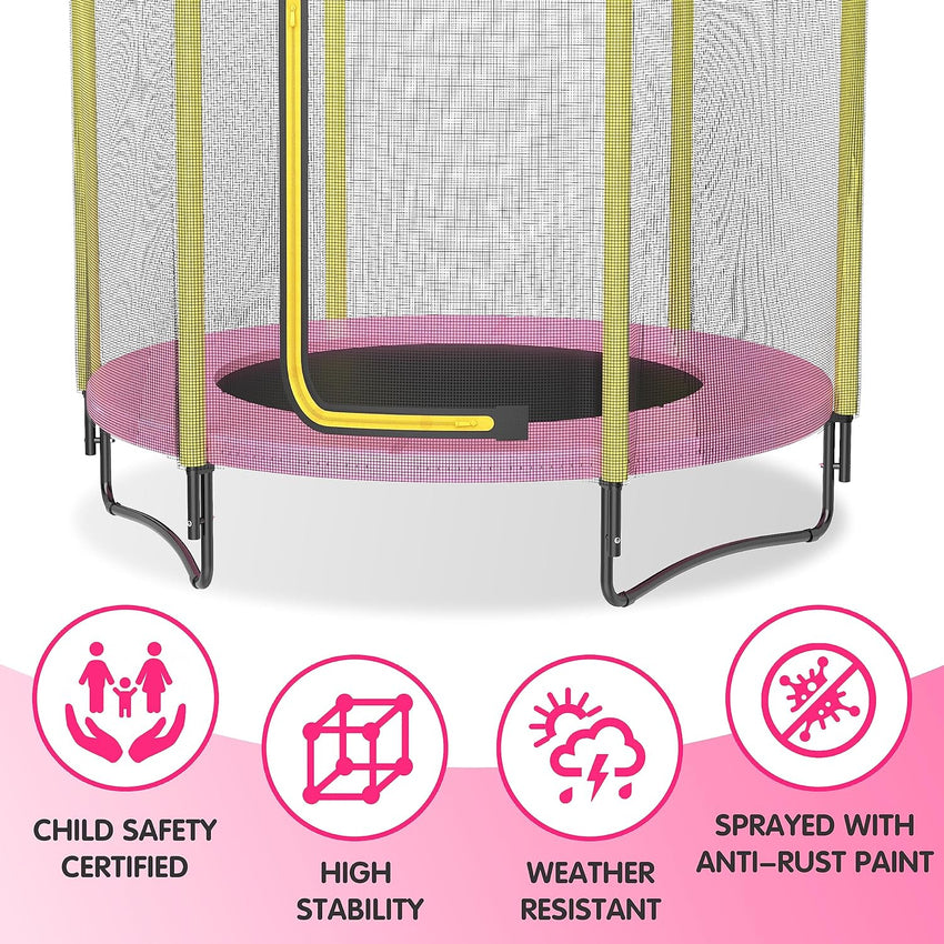 60 Kids Trampoline with Safety Enclosure Net. 5FT Toddler Indoor & Outdoor Trampoline/w Basketball Hoop - Parent-Child Interactive Game Fitness Trampoline Toy Gift for Boys and Girls Age 1-8