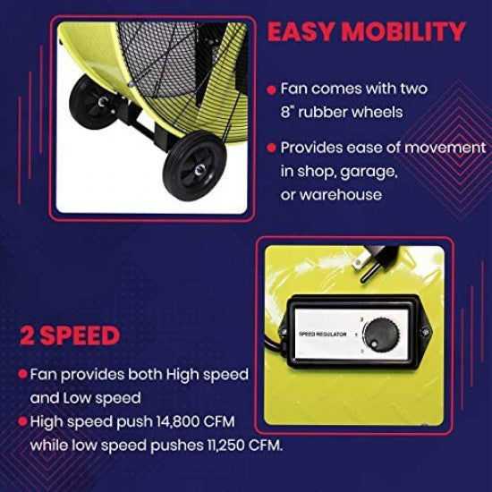K Tool International 42′′ Belt Drive Drum Fan; Industrial. Garage. Shop. High Speed 2-Speed. Durable. Cut-Off Protection. Easy Mobility Rubber Wheels; SAFETY YELLOW KTI77743
